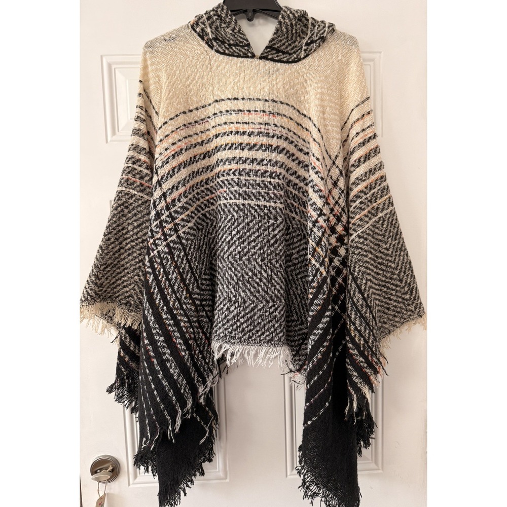 On blue striped Knitted Wrap Shawl Poncho Hooded Tassel Sweater Outwear S/M